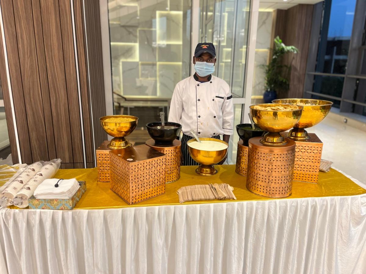 Soup and starter live counter with copper accents