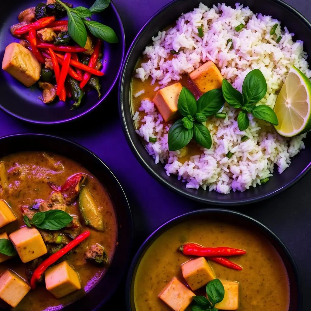 Thai vegetarian catering in Bangalore — green curry, jasmine rice and papaya salad by Sukhdev Caterers